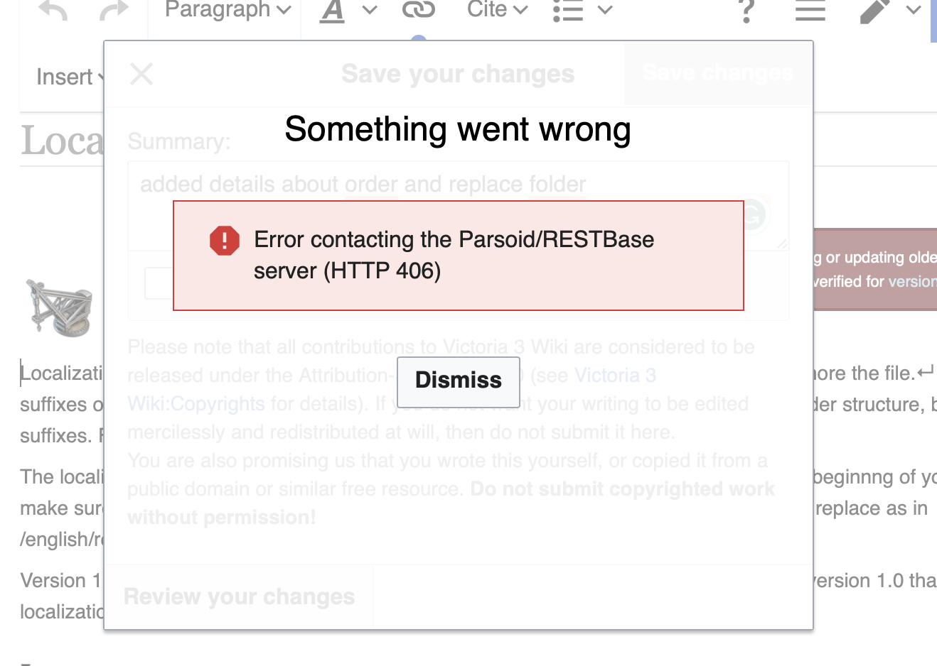 Wiki: Cannot save changes, getting HTTP 406 error | Paradox Interactive ...