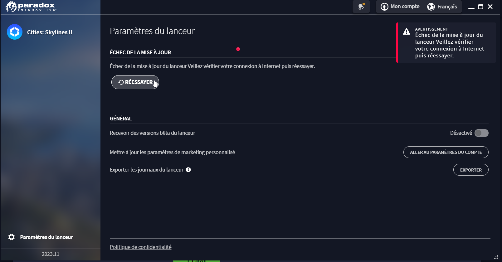 Network error message when I click try to download an update from the ...