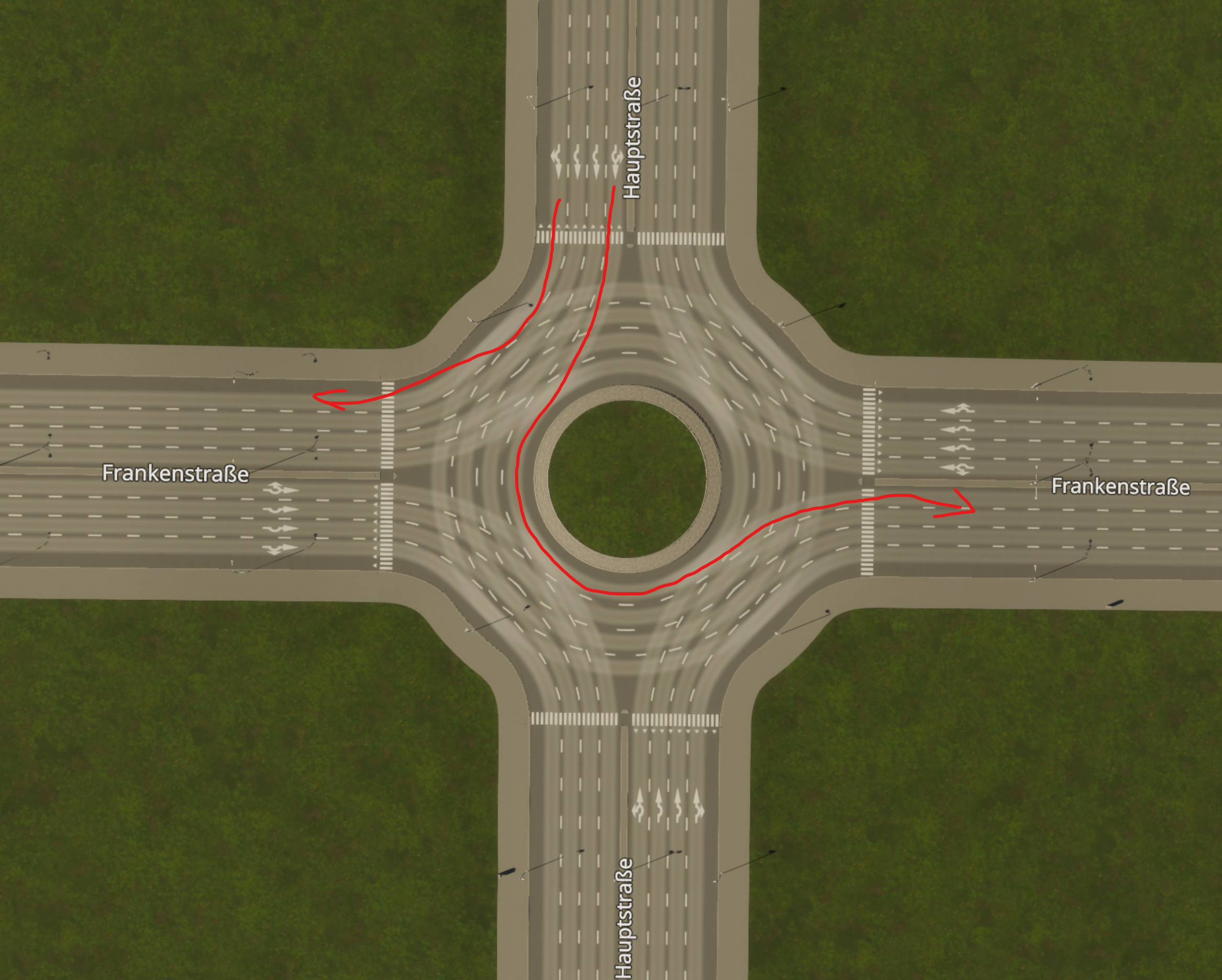 Traffic uses only one lane for turning left or right at roundabout ...