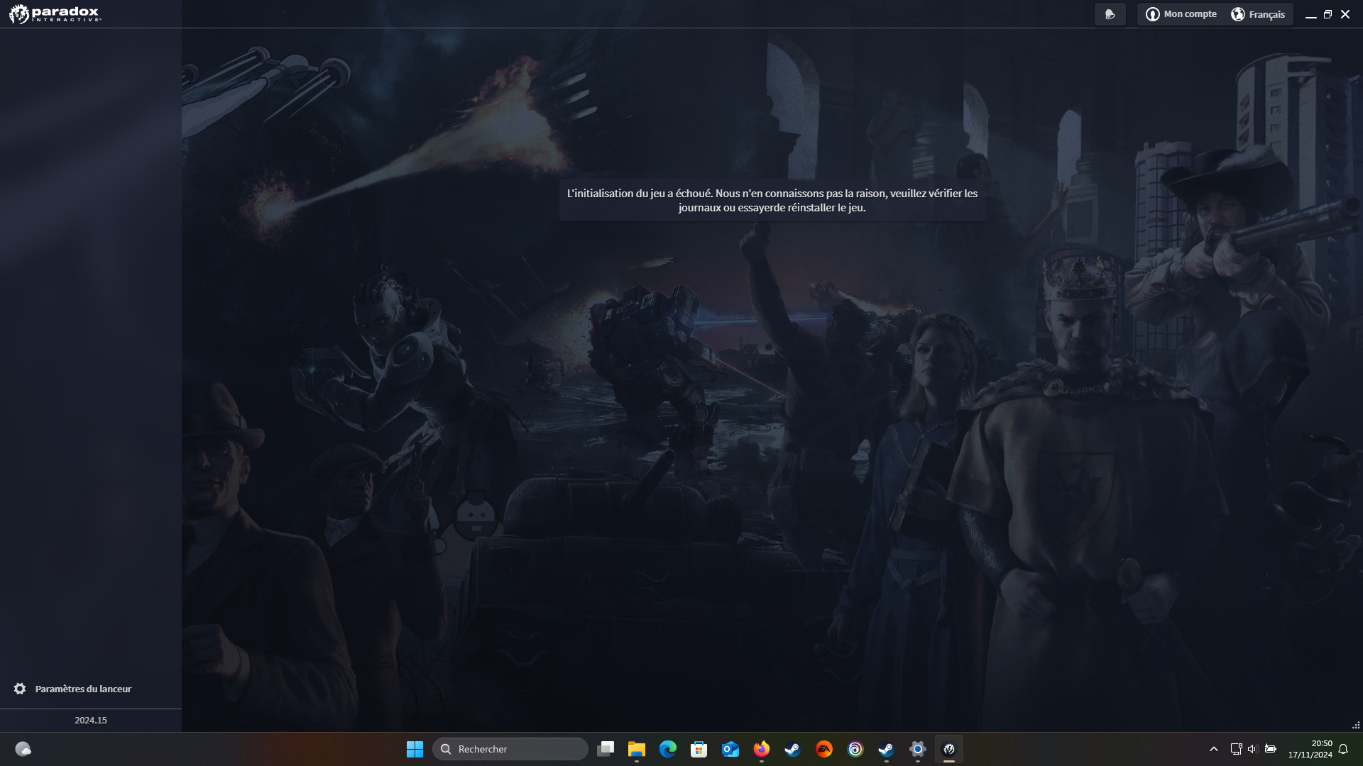 Lorsque je lance le jeu la page Paradox interactive s'ouvre, mais un ...