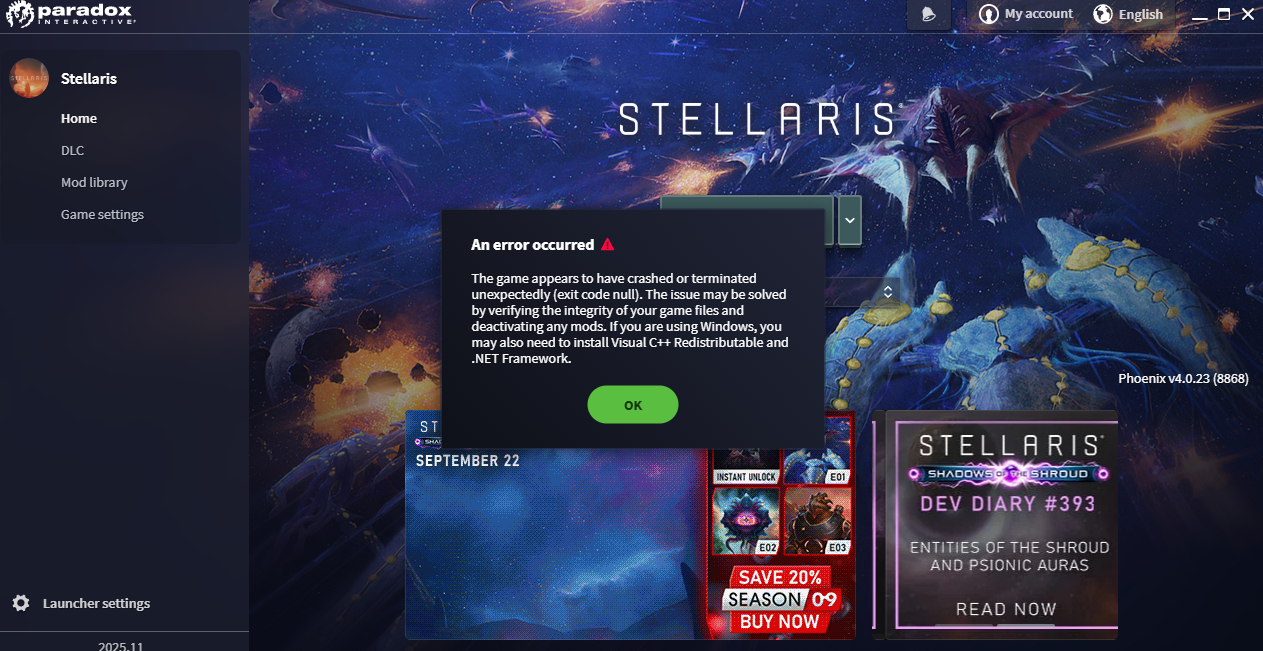 error code null when trying to start stellaris | Paradox Interactive Forums