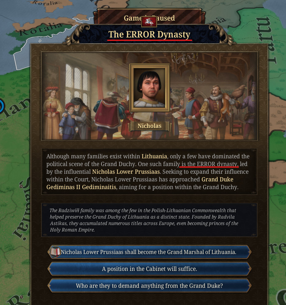Needs Info - bug in event text. Error dynasty | Paradox Interactive Forums