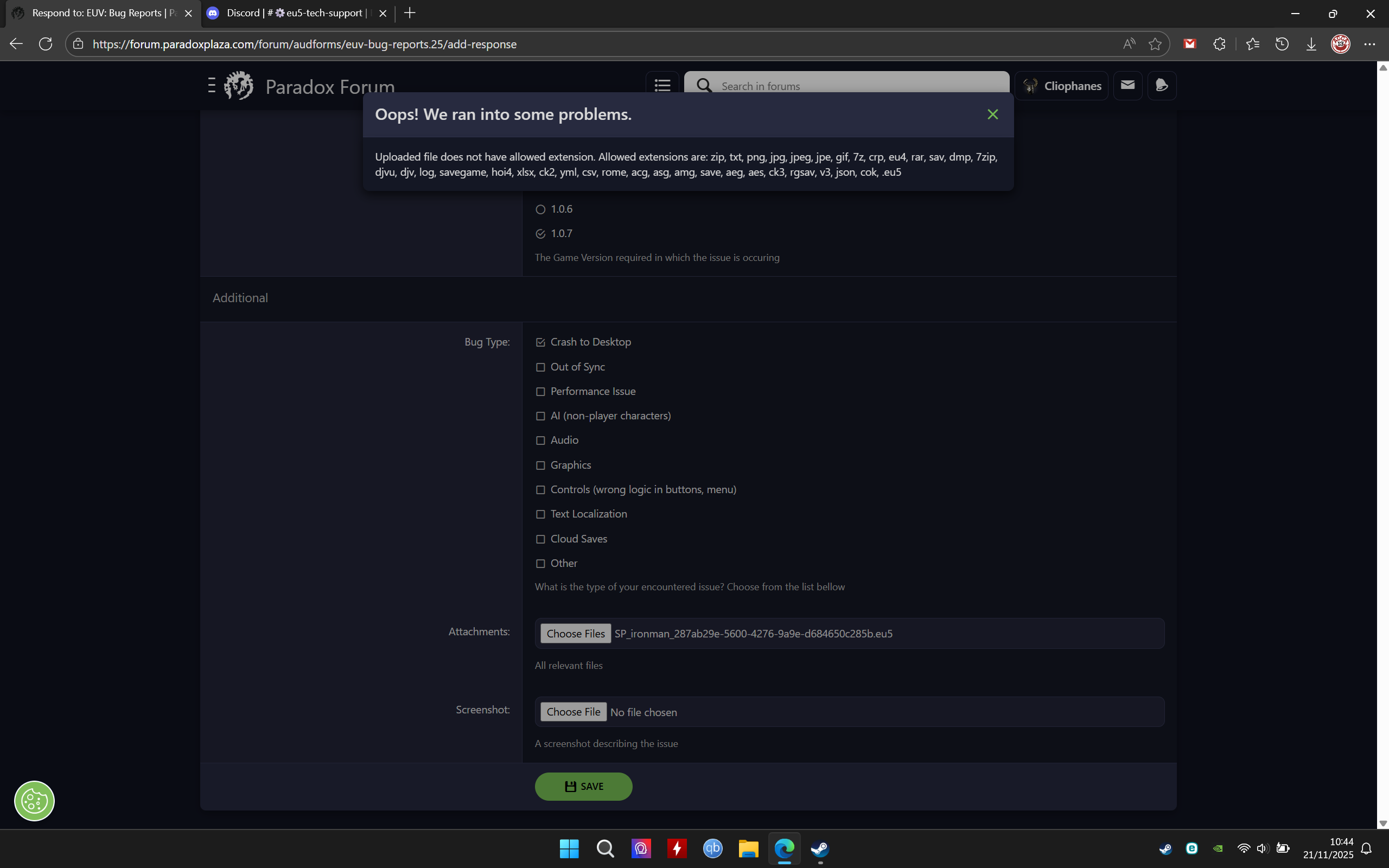 Trying to post bug report about CTD but can't attach save file ...