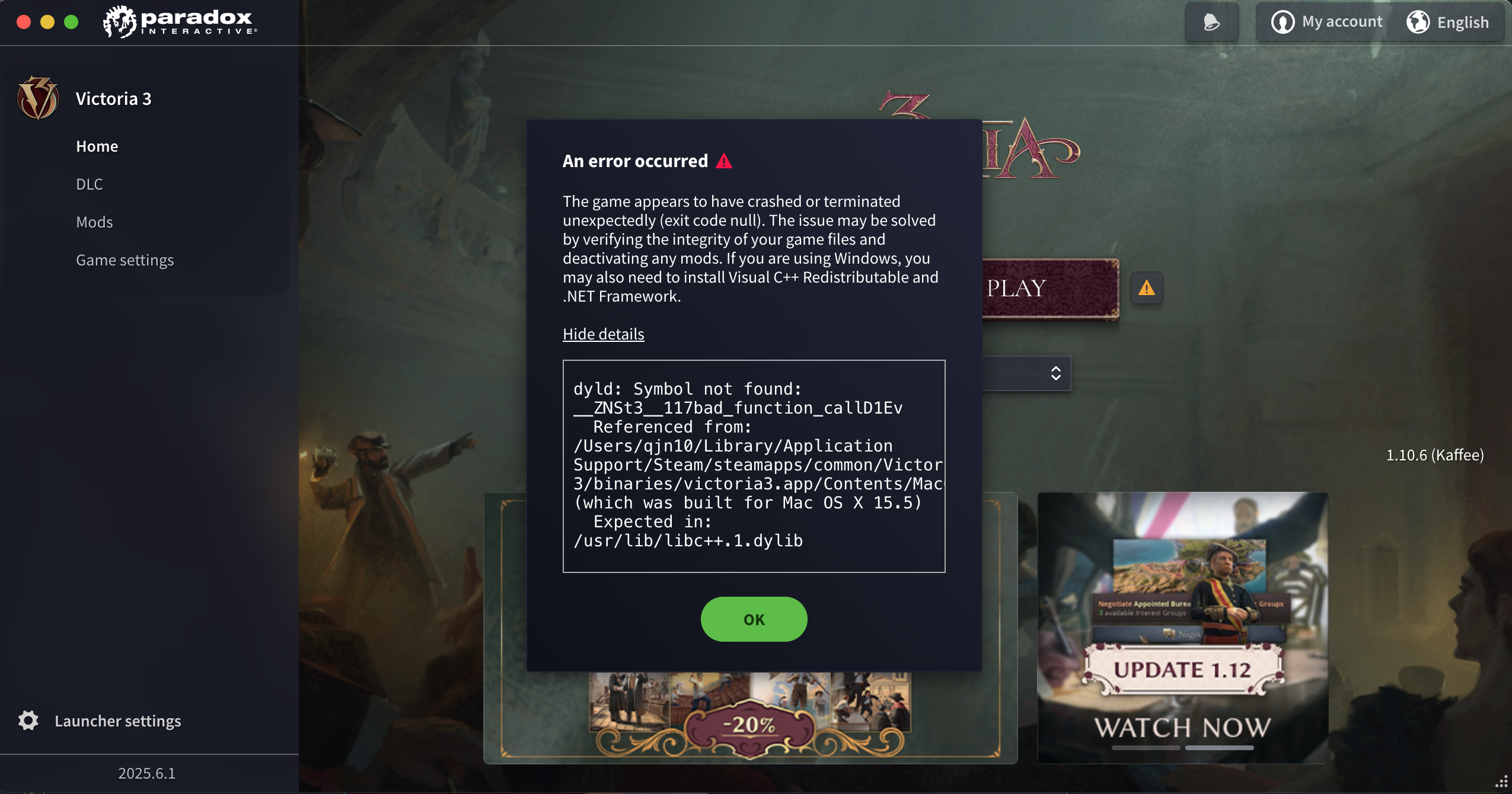 Game crash on launch version 1.10.6 and above MacOS 11.7.10 | Paradox ...