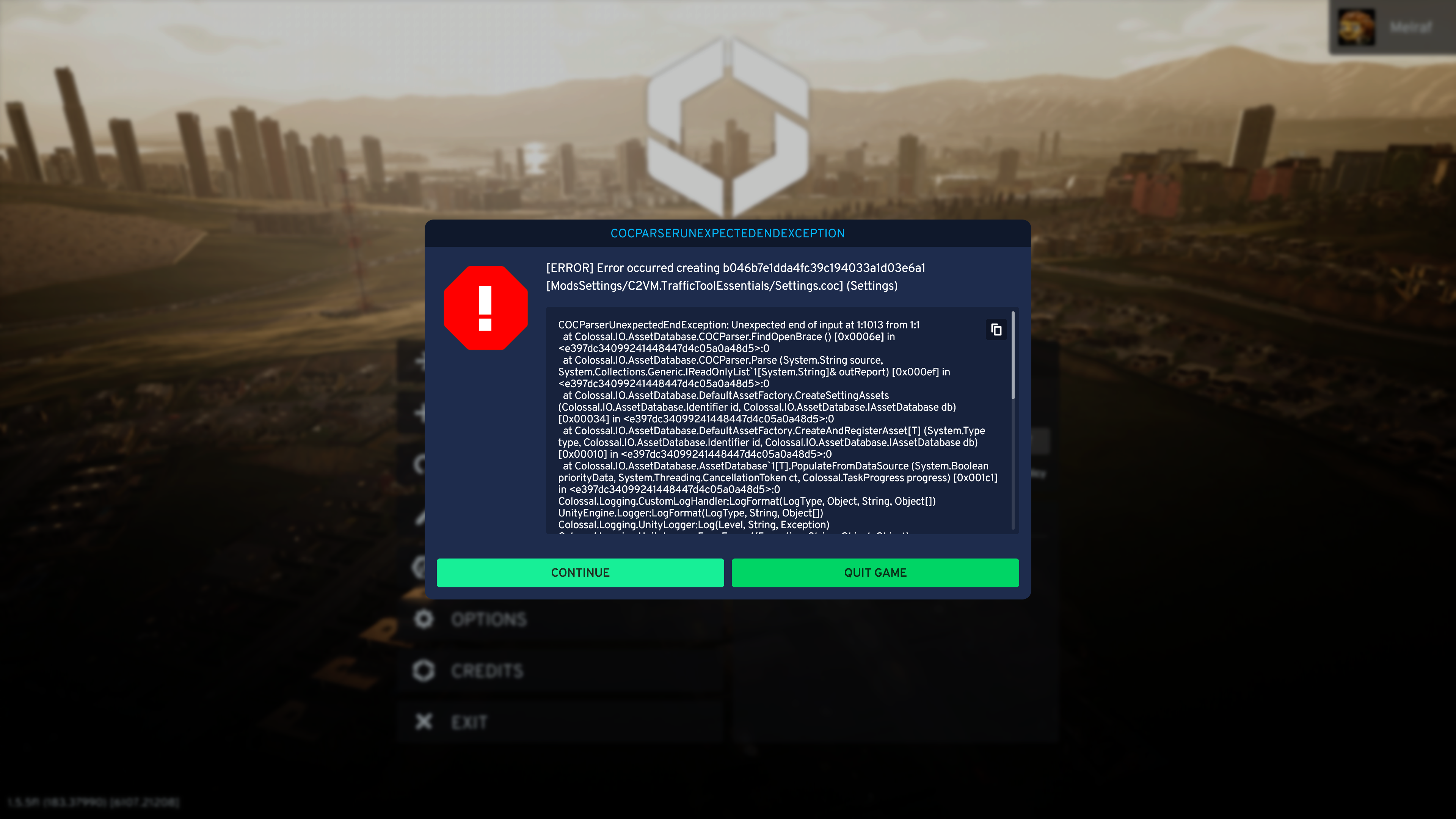 Needs Info - 4 ERROR messages before even loading a city and CTD after ...