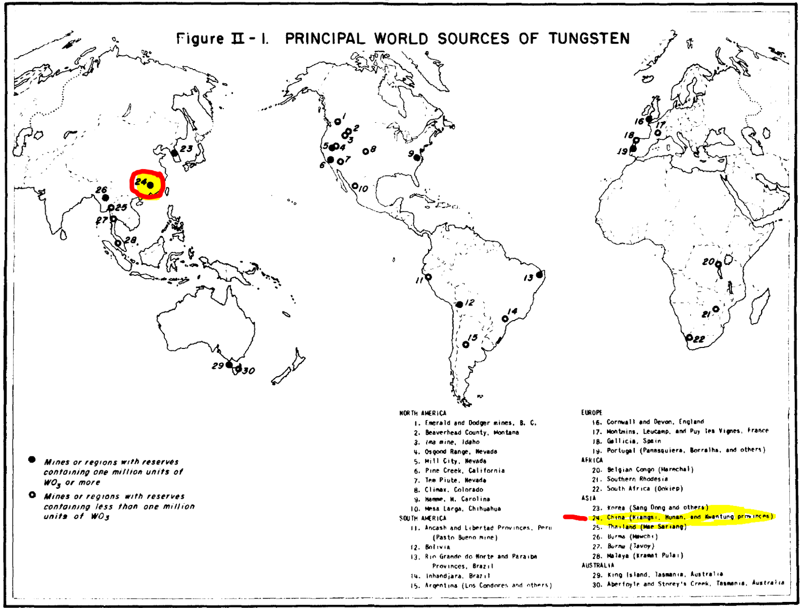 Tungsten production by nation, 1936 to 1945 (China produced 25 of the