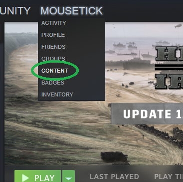 Pull down user menu and select 'Content'