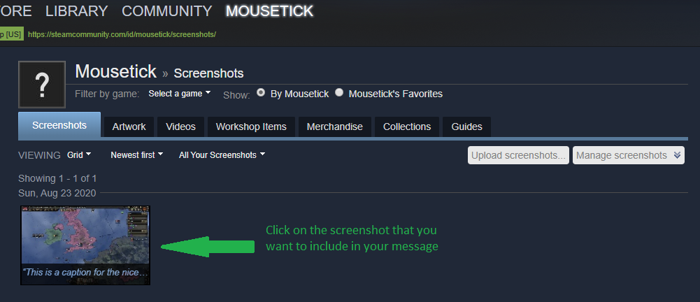 On the Steam screenshots library page, click on the screenshot that you want to include in your message