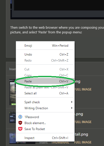 Right-click in the forum's message editing window and select 'Paste' from the pop-up menu.