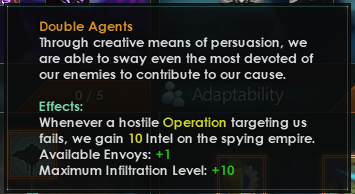 Double Agents tradition from the Subterfuge tree. Now also gives +1 Available Envoys and +10 Maximum Infiltration Level.