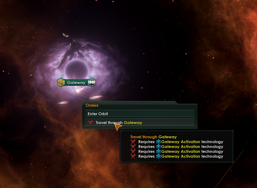 Stellaris Cannot travel through activated Gateways without the