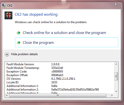 CK2 Game Crash Exception Code: c0000005 | Paradox Interactive Forums
